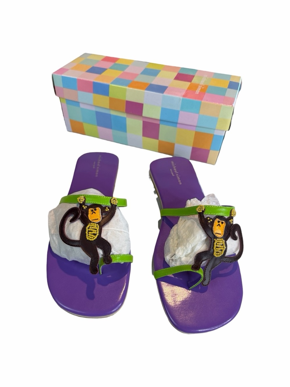 NEW Size 11 Michael Simon Purple Slide Sandals with Monkey Beads Green Straps